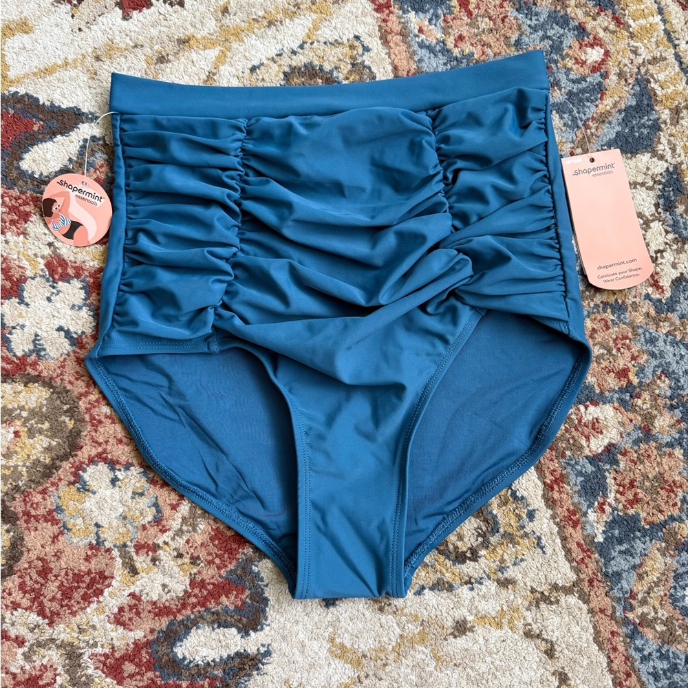 Shapermint Essentials High-Waisted Control Bikini Bottoms Ruched Swim Ocean Blue